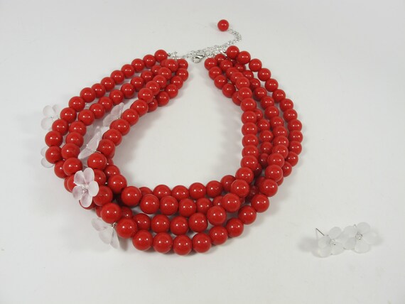 Buy Chunky Red With White Flowers Necklace, Multi Strand Red Ruby 