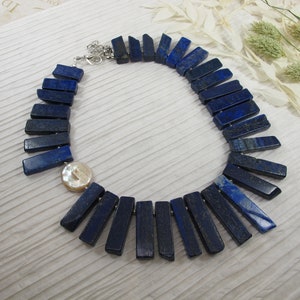 Chunky navy blue statement necklace, blue lapis lazuli and baroque pearl necklace, royal blue statement jewelry  blue and white pearl