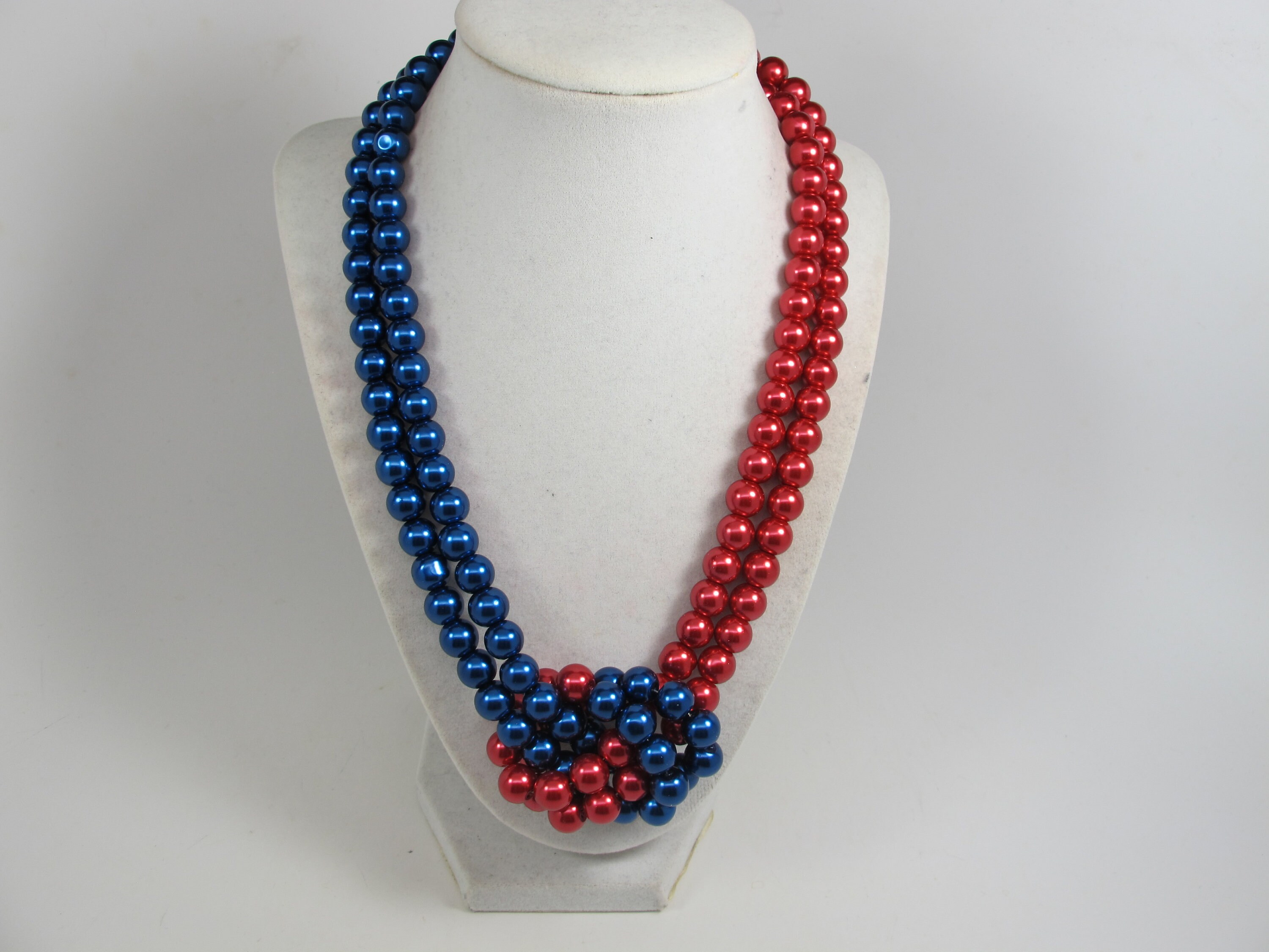 Knotted Pearl Statement Necklace, Red and Blue Pearl 