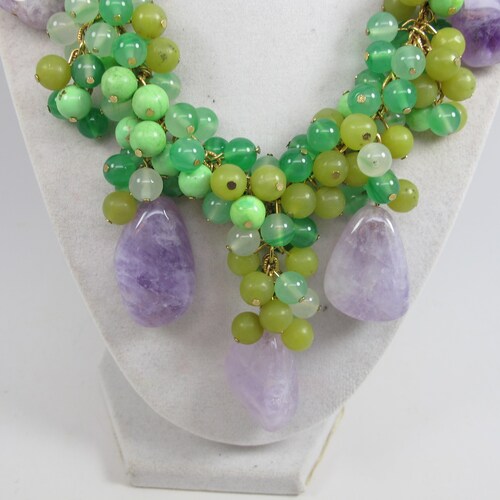 Chunky shops green and amethyst necklace, apple green necklace, natural stone, beaded necklace, big green beads, forest green statement