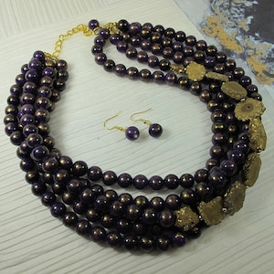 Chunky purple gemstone necklace, multi strand purple Mashan jade, drusy quartz beads, purple beaded choker, gemstone beads, natural gemstone