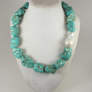 Chunky statement turquoise boho necklace, genuine turquoise necklace, big turquoise stone beads, turquoise statement jewelry