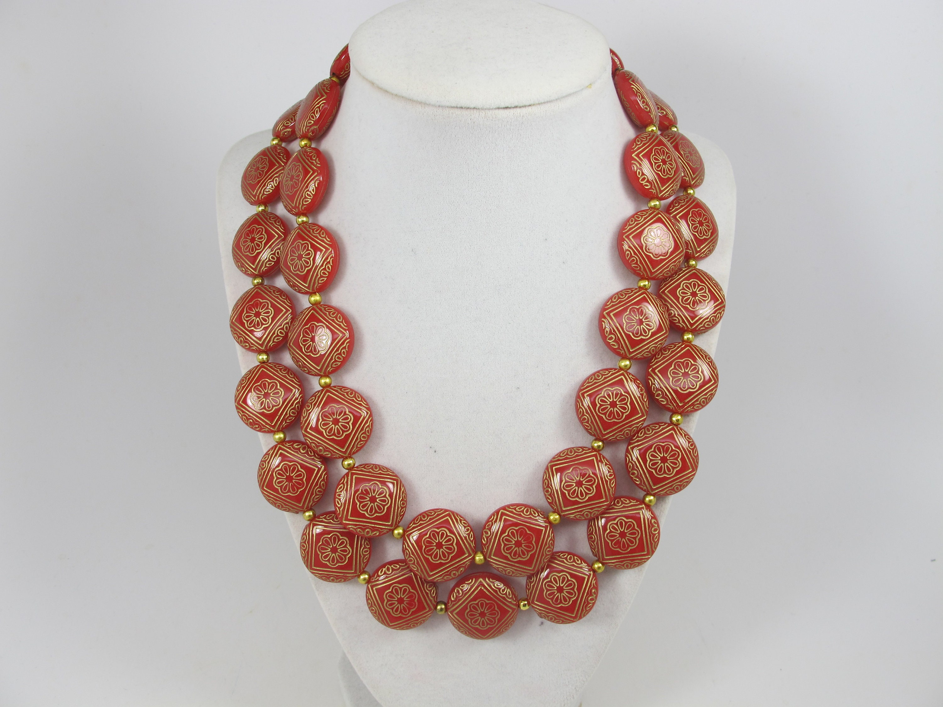 multi strand red chunky statement necklace Golden Red Statement necklace gold 