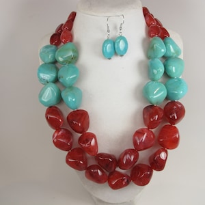 Chunky fall red ruby and turquoise statement necklace, statement turquoise red necklace beaded necklace, red  beads, pink statement jewelry,