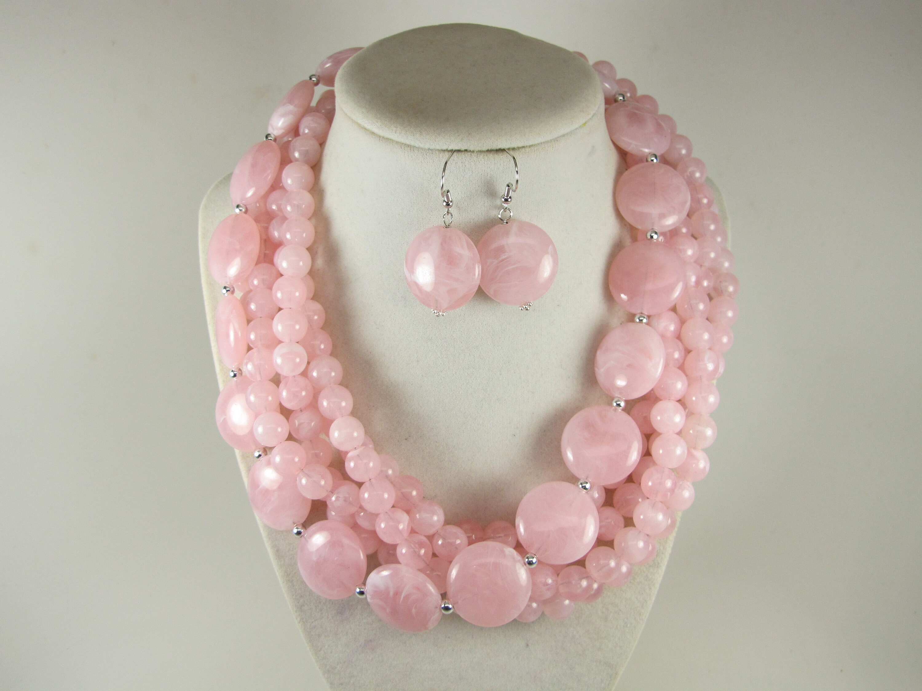 Chunky Pink Necklace, Multi Strand Statement Pink Necklace