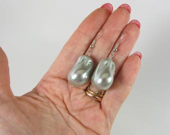 Large Gray Shell Pearl Baroque Earrings, Silver Hooks