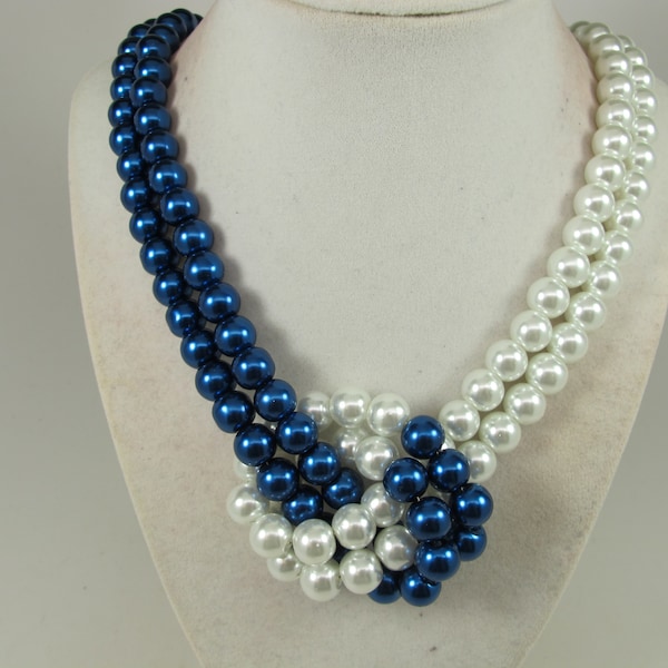 Statement Blue and white necklace, knotted blue and White Pearl Necklace Statement Necklace - White Pearl Necklace – Blue Pearl Necklace