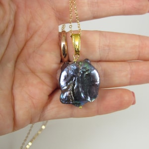Genuine Large Black Baroque pearl chain Pendant Gray Baroque pearl necklace, huge peacock pearl pendant with clasp ,large black pearl gold
