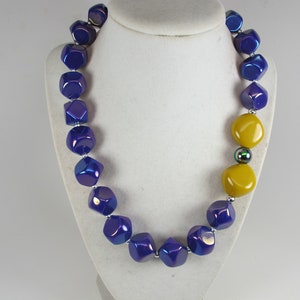 Chunky purple and yellow beaded necklace, single strand purple necklace, yellow mustard necklace, yellow and purple statement jewelry