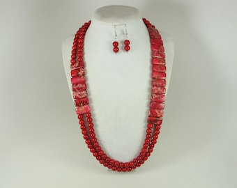 Collar grueso de jaspe rojo y turquesa, collar rojo llamativo de varias hebras, collar de piedra de jaspe rojo, collar rojo de dos hebras