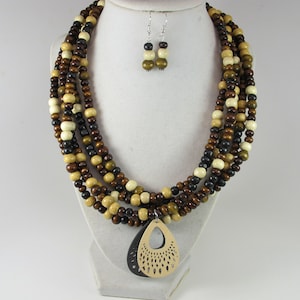 Chunky wood necklace, Brown wood beaded necklace, multi strand statement wood  brown necklace, statement jewelry, fall necklace