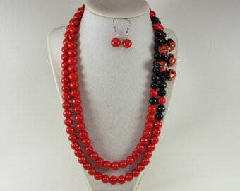 Chunky red and black necklace, multi strand statement red ladybug necklace, stone necklace, beaded red necklace, statement jewelry, earrings