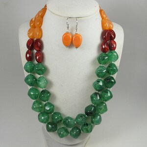 Statement Beaded Necklace: Chunky Green and Ruby Orange - Double Strand