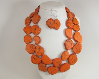 Chunky orange turquoise necklace, multi strand orange statement necklace, orange stone necklace, gold orange super statement necklace