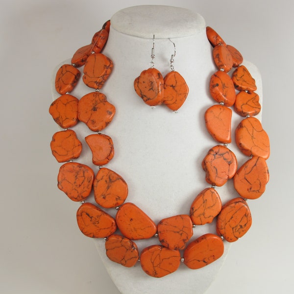 Chunky orange turquoise necklace, multi strand orange statement necklace, orange stone necklace, gold orange super statement necklace