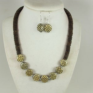 Brown wood beaded necklace,  wood and ceramic choker necklace, statement brown and beige jewelry, cream necklace, choker fall necklace