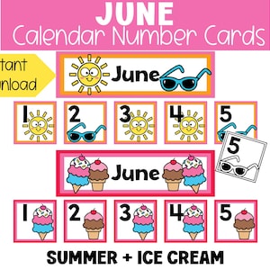 May include: A set of June calendar number cards with a summer theme. The cards feature illustrations of sunglasses, smiling suns, and ice cream cones. The text includes "June", "Summer + Ice Cream", and "Instant Download".