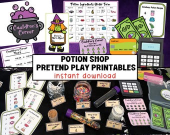 May include: A printable set of Halloween potion shop pretend play props. The set includes a cash register, credit card, money, potion recipes, ingredient lists, and potion ingredients. The set is perfect for kids to play pretend and learn about money and shopping.