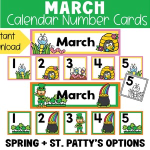 Puede incluir: Un conjunto de tarjetas de números de calendario de marzo con opciones de primavera y San Patricio. Las tarjetas presentan ilustraciones coloridas de insectos, colmenas, duendes, arcoíris y ollas de oro. Se muestra el texto "Marzo" y los números 1-5.