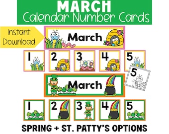 March Spring and St. Patrick's Day Calendar Numbers Cards Printable Color and Black and White Calendar Pieces