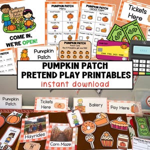 May include: Printable set of play money, signs, and other items for a pretend pumpkin patch play area. The set includes signs for "Pumpkin Patch", "Tickets Here", "Bakery", "Pay Here", and "Hayrides". There are also printable play money bills, a credit card, a cash register, and a pumpkin patch order form.