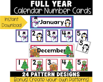 Full Year Classroom Calendar Bundle Calendar Numbers Cards Printable Color and Black and White Pieces