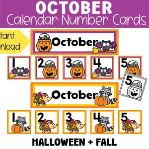 May include: A collection of Halloween and Autumn-themed calendar number cards. The cards feature illustrations of bats, pumpkins, raccoons, and hedgehogs. The text "October" and numbers 1-5 are displayed. The words "Instant Download" are also visible.