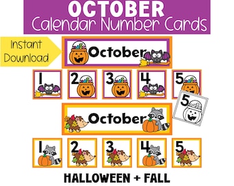 October Fall and Halloween Calendar Numbers Cards Printable Color and Black and White Calendar Pieces