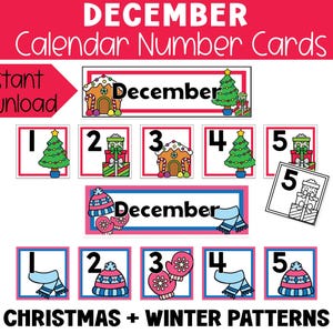 December Winter- en kerstkalendernummers Kaarten Afdrukbare kalenderstukken in kleur en zwart-wit