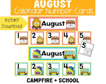 August Camping and School Calendar Numbers Cards Printable Color and Black and White Calendar Pieces