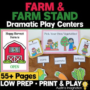 May include: A colorful educational farm-themed playset with the text "Farm & Farm Stand Dramatic Play Centers." Includes illustrations of a red barn, vegetables, and children. The text "55+ Pages LOW PREP • PRINT & PLAY" is also visible.
