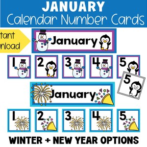 Gennaio Inverno e Capodanno Calendario Numeri Carte Stampabili Colore e Bianco e Nero Pezzi di Calendario