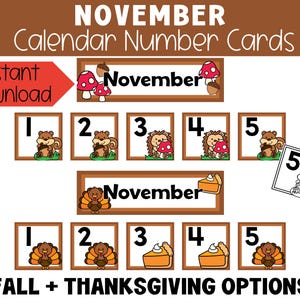 Kalendernummers november herfst en Thanksgiving Afdrukbare kalenderstukken in kleur en zwart-wit