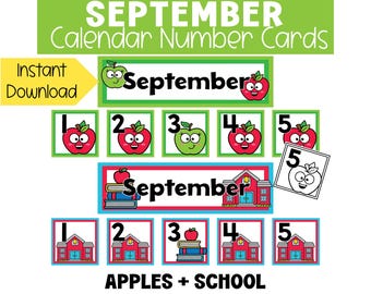September Apples and School Calendar Numbers Cards Printable Color and Black and White Calendar Pieces