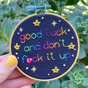 Handmade Naughty Cross Stitch Sign Good Luck and Don&#39;t F*ck It Up Needlepoint Framed Funny Embroidery Swear Words Wall Art