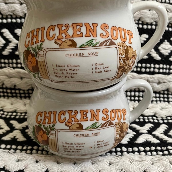 Hand Painted Chicken Soup Recipe Vintage Ceramic Soup Mugs Set of 2 1970s Coffee Cups