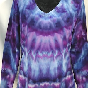 Ice Tie Dye Women's Long Sleeve T-shirt Blue Purple V-neck (Made to order)