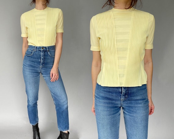 1950s Pin-tucked Blouse - Yellow Button Back Blous