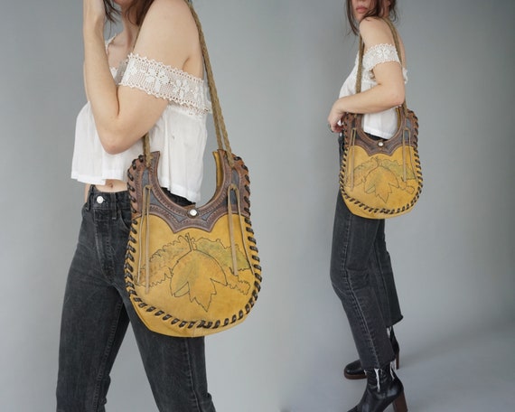 1960s Tooled Leather Purse - Yellow Leather Leaves