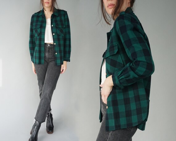 1970s Emerald + Navy Plaid Shirt Jacket | S