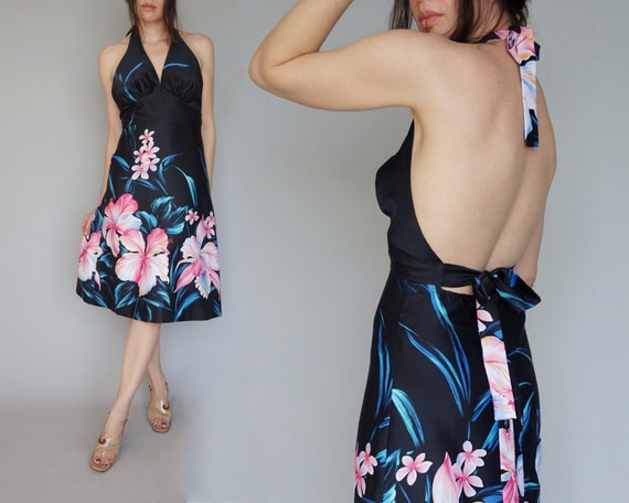1960s 70s Hawaii Nei Halter Dress - Black Floral H
