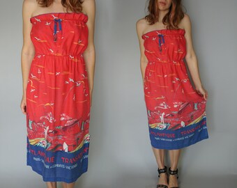 1970s Paris Transatlantique Strapless Dress | Summer Dress Beach Dress Cover-Up | Seagulls Boats Port Travel | Cotton Dress | Folk Prairie