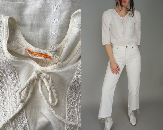 1960s Indian Cotton Top - White Cotton Eyelet Blou