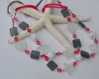 Frosted glass starfish & seashells handmade beaded headband and necklace