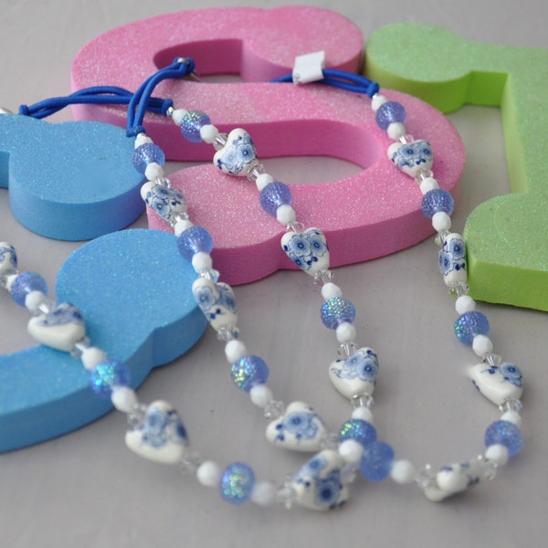 handmade beaded Delft style headband and necklace , with blue and white heart shaped beads & swarovski crystals