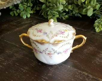 Dresden Antique Hand Painted Floral Sugar Bowl with Lid Gilded