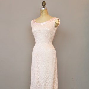 Vintage 1950&#39;s Cotton Candy Pink Lace & Satin Cocktail * Pencil * Wiggle Dress Extra Small