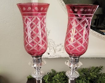 Antique Pair Cranberry Pink Silverplate Cranberry Photophores Glass Hurricanes