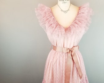 Blush Pink Tulle Polka Dot V Neck Mesh Sleeveless Cocktail Dress Women's Small