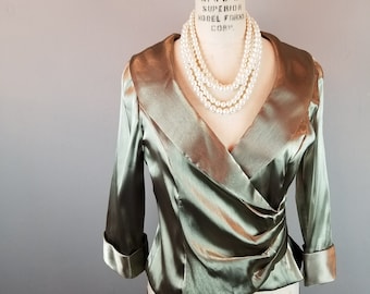 Stunning Alex Evenings Shimmery Green Faux Wrap Formal Blouse Size Small * NWT
